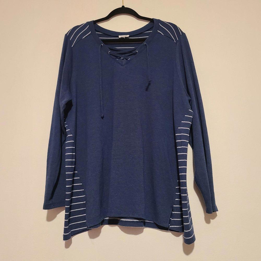 Women's Avenue Striped Nautical Top V-Neck Drawstring Tie Blue Shirt 22/24